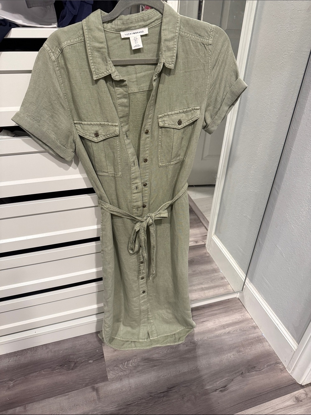 Lucky Brand Light Olive Linen Button-Front Shirt Dress